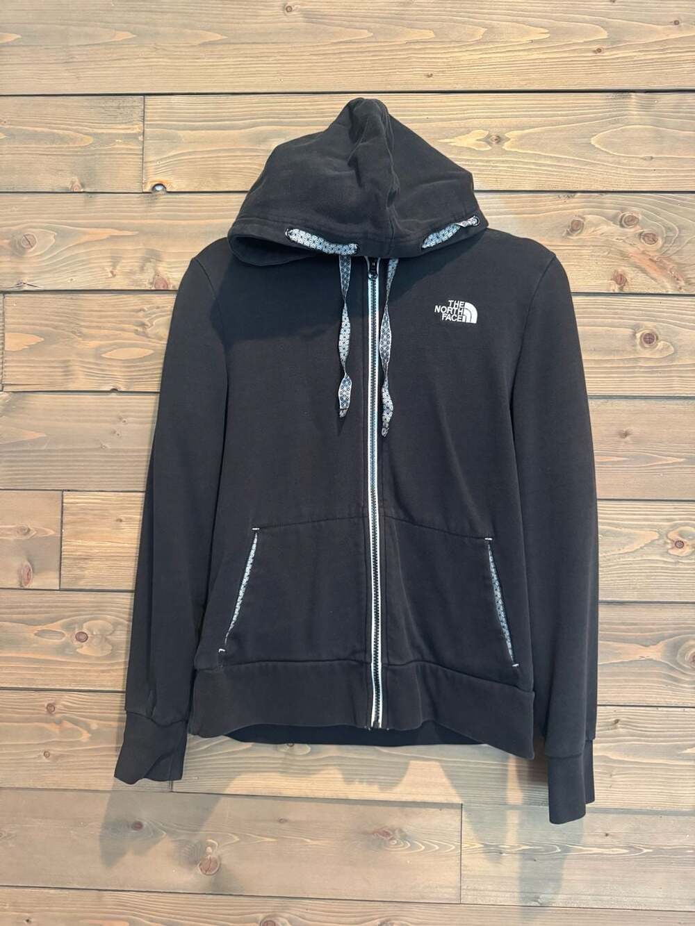 The North Face Women's Black Full Zip Hoodie Patterned Drawstrings Trim Size M